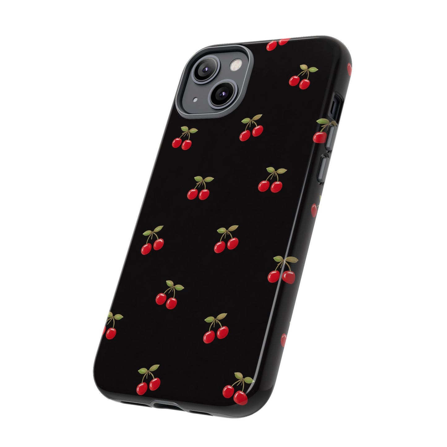 Cherry Pattern Phone Case — Slim Black Protective iPhone Case with Red Cherries for Iphone, Samsung Galaxy and Pixel