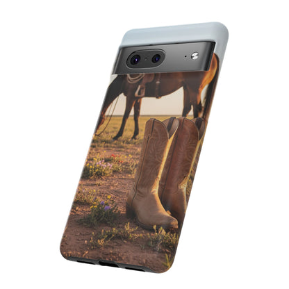 Western Cowboy Boots Phone Case – Rustic Horse Sunset Tough Case (iPhone, Samsung, Pixel)