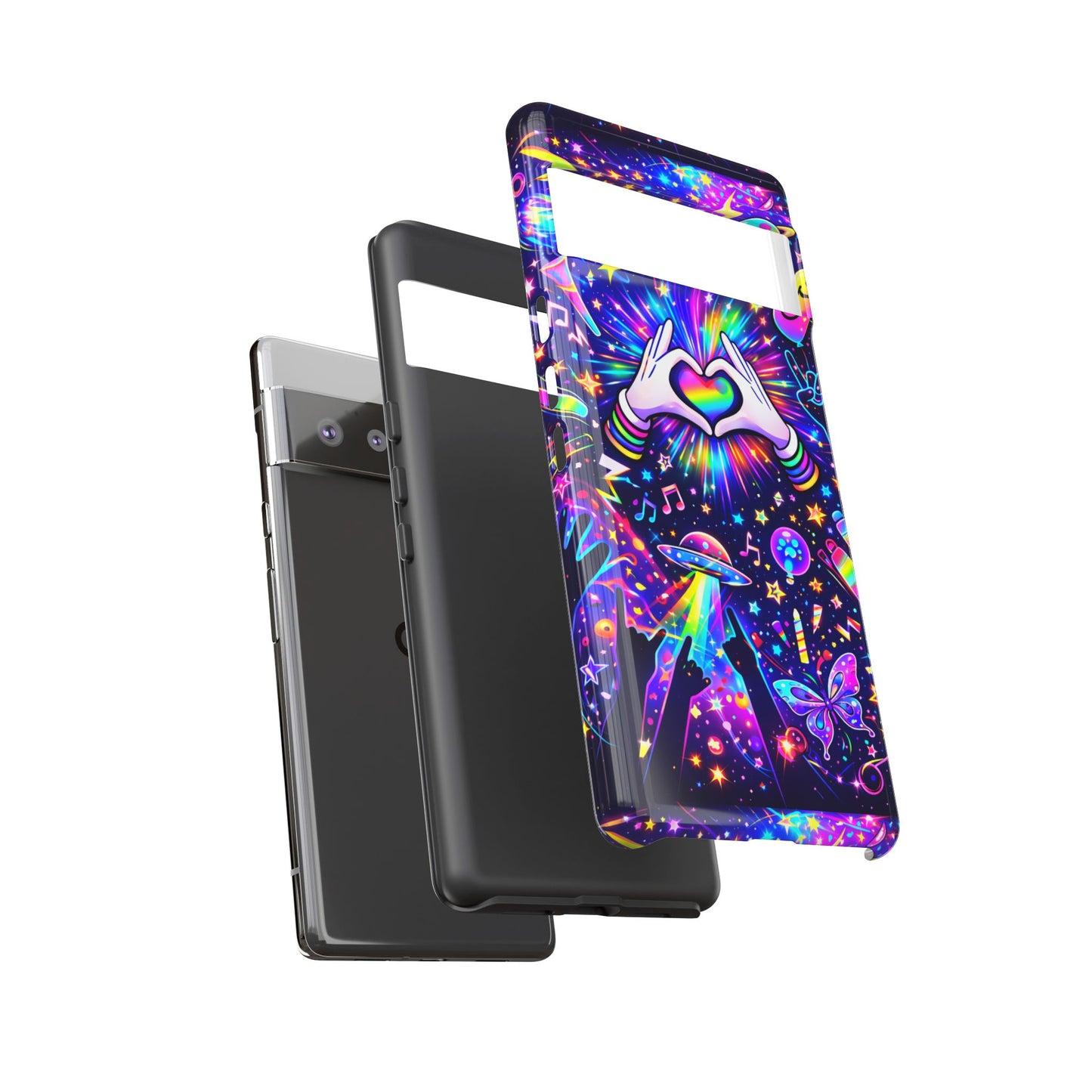 Rainbow Heart Hands Phone Case – Neon Galaxy EDM Festival Tough Cover