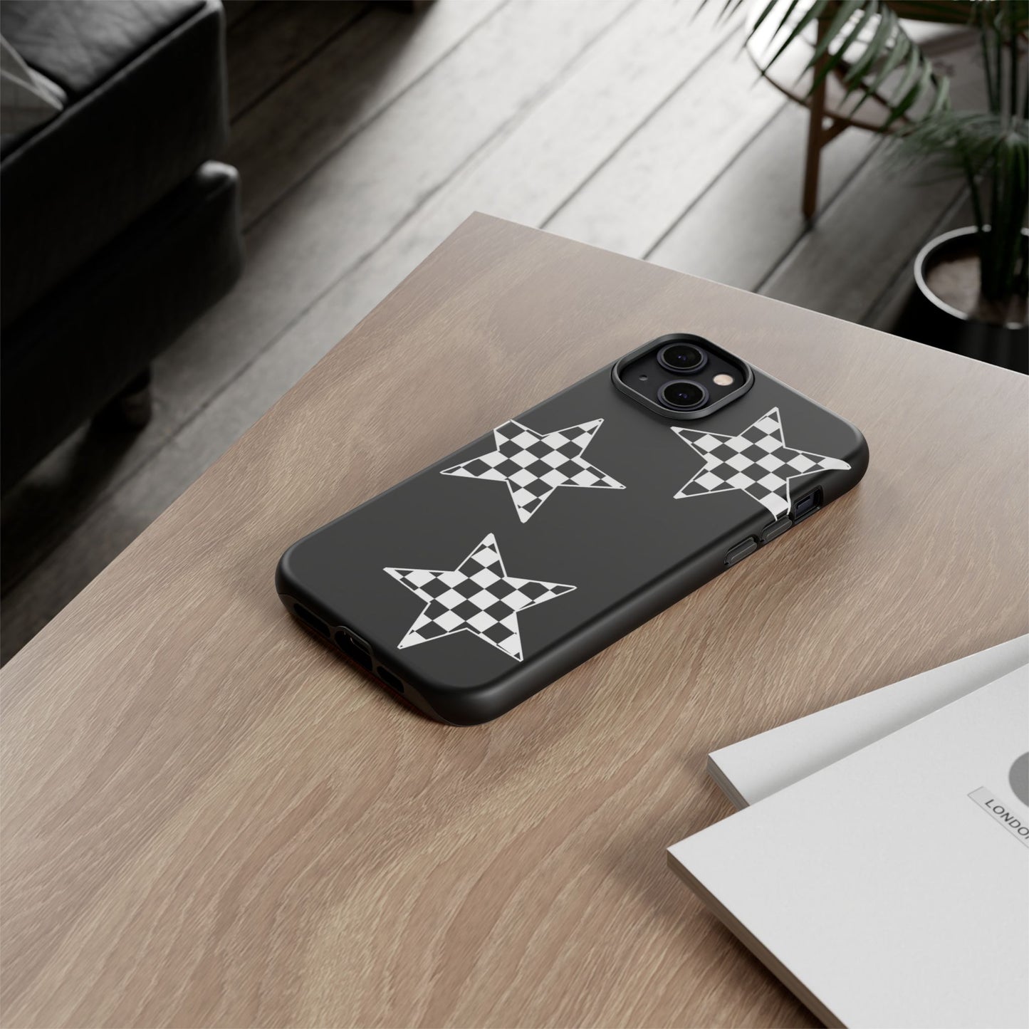 Checkered Star Tough Phone Case – Black Retro Graphic Protective Cover for Iphone, Samsung Galaxy and Pixel