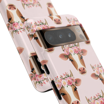 Floral Cow Phone Case – Cute Pink Cow Print Tough Protective Case for Iphone, Samsung Galaxy and Pixel