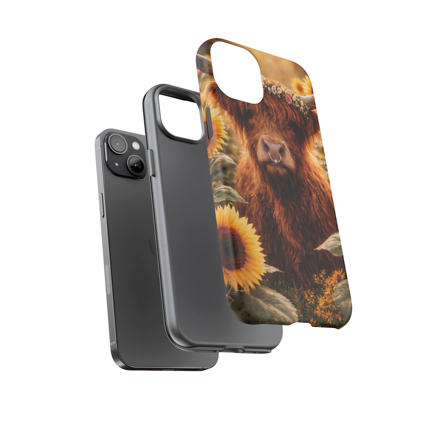 Highland Cow Sunflower Phone Case | Floral Farmhouse iPhone, Samsung Galaxy and Pixel Cover