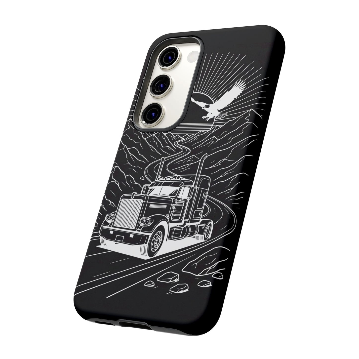 Trucker Highway Phone Case | Eagle & Mountain Line Art | Black Western Tough Case