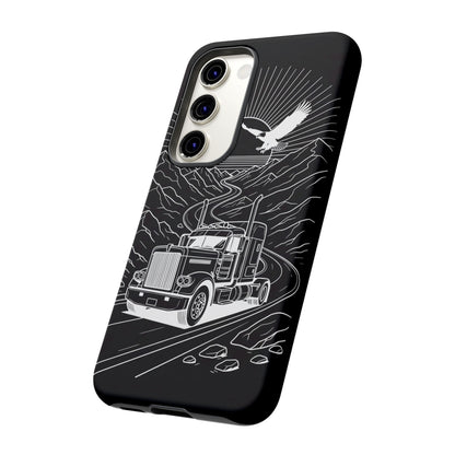 Trucker Highway Phone Case | Eagle & Mountain Line Art | Black Western Tough Case
