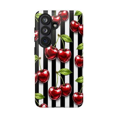 Cherry Pattern Phone Case Black White Stripe Retro Aesthetic Tough Cover