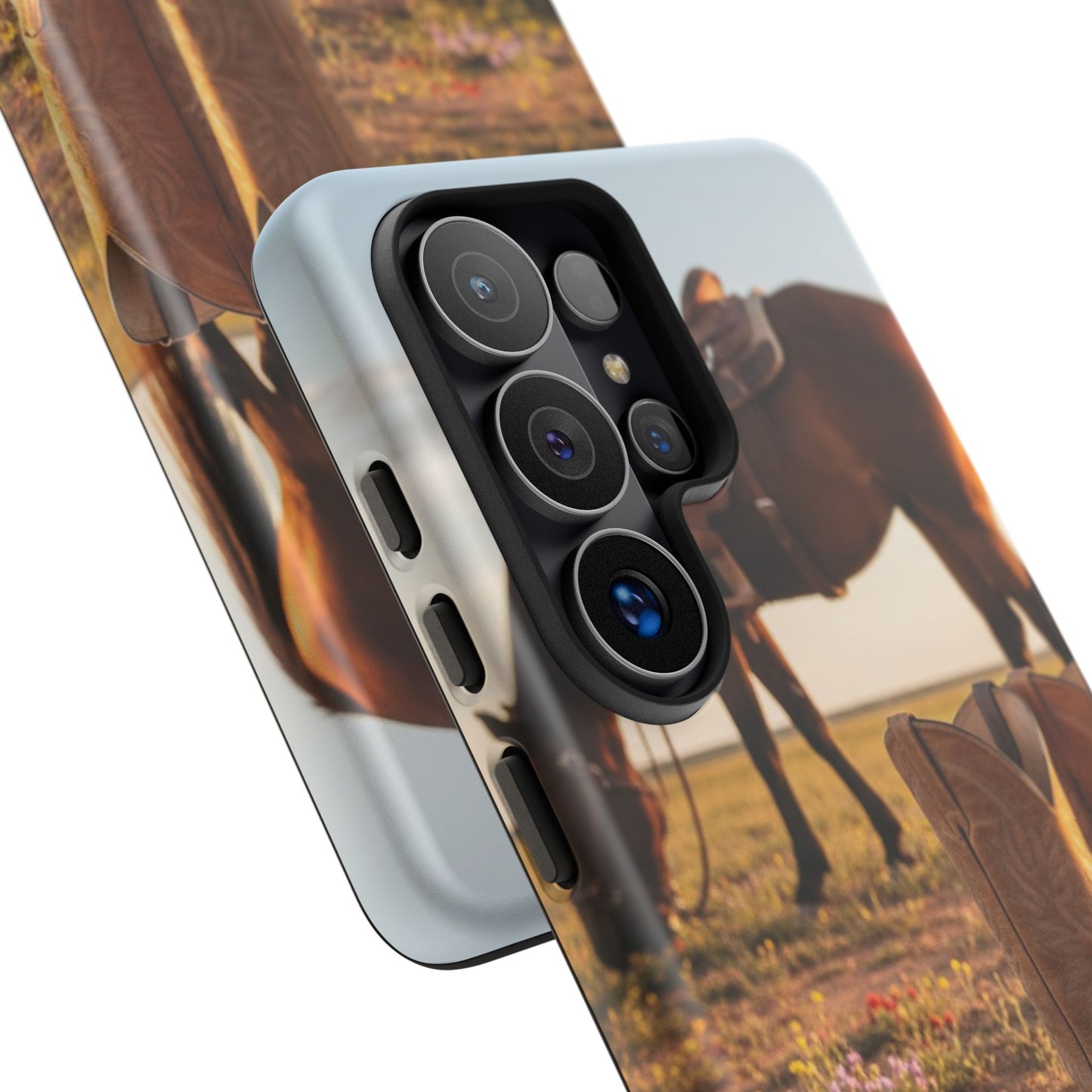 Western Cowboy Boots Phone Case – Rustic Horse Sunset Tough Case (iPhone, Samsung, Pixel)