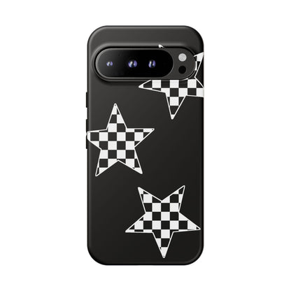 Checkered Star Tough Phone Case – Black Retro Graphic Protective Cover for Iphone, Samsung Galaxy and Pixel
