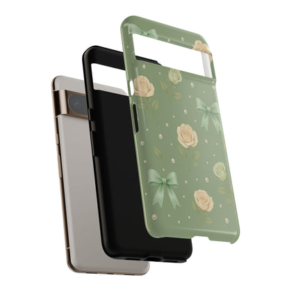 Vintage Rose Bow Phone Case – Sage Green Floral Coquette Aesthetic Tough Case (iPhone, Samsung, Pixel)