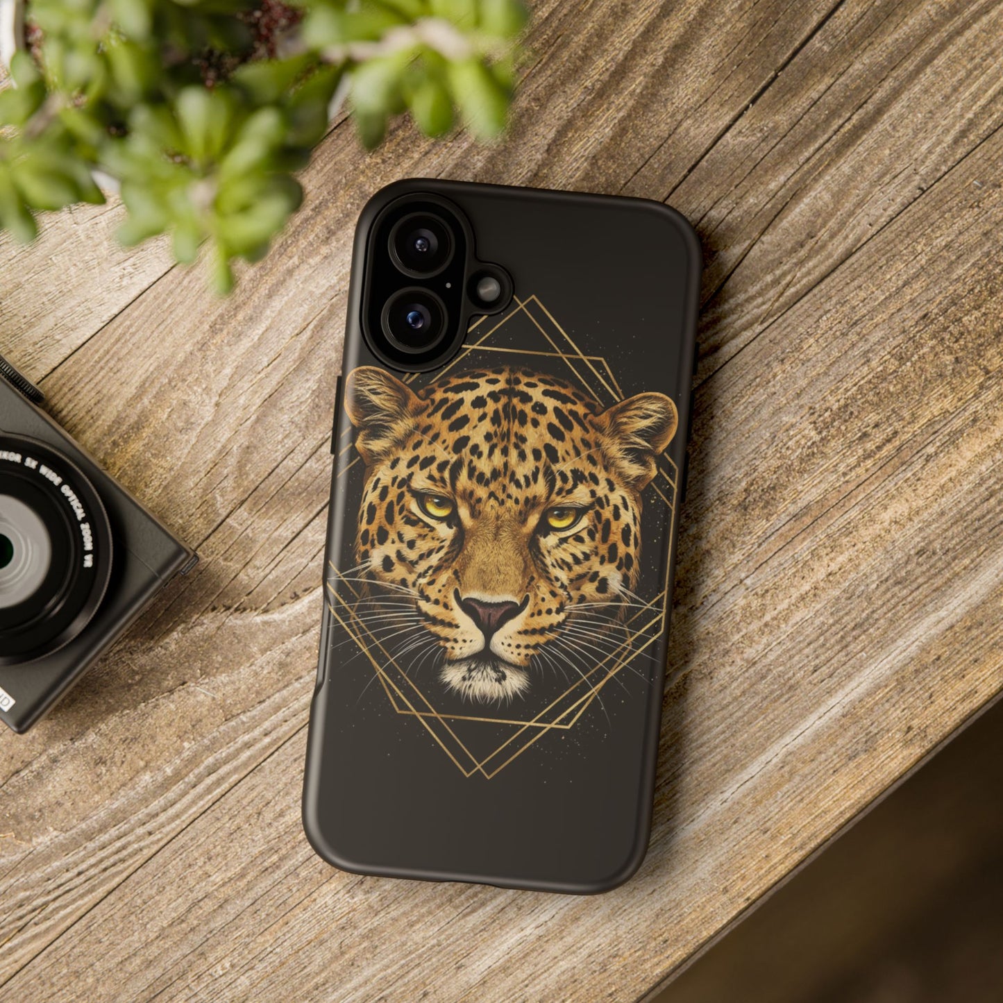 Leopard Head Geometric Phone Case – Black & Gold Luxe Tough Case