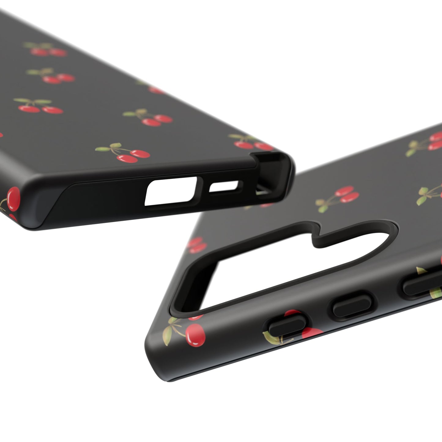 Cherry Pattern Phone Case — Slim Black Protective iPhone Case with Red Cherries for Iphone, Samsung Galaxy and Pixel