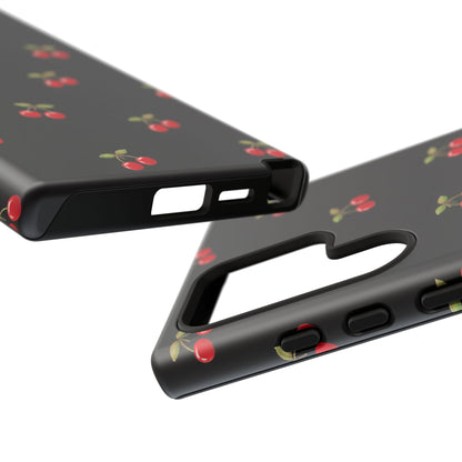 Cherry Pattern Phone Case — Slim Black Protective iPhone Case with Red Cherries for Iphone, Samsung Galaxy and Pixel
