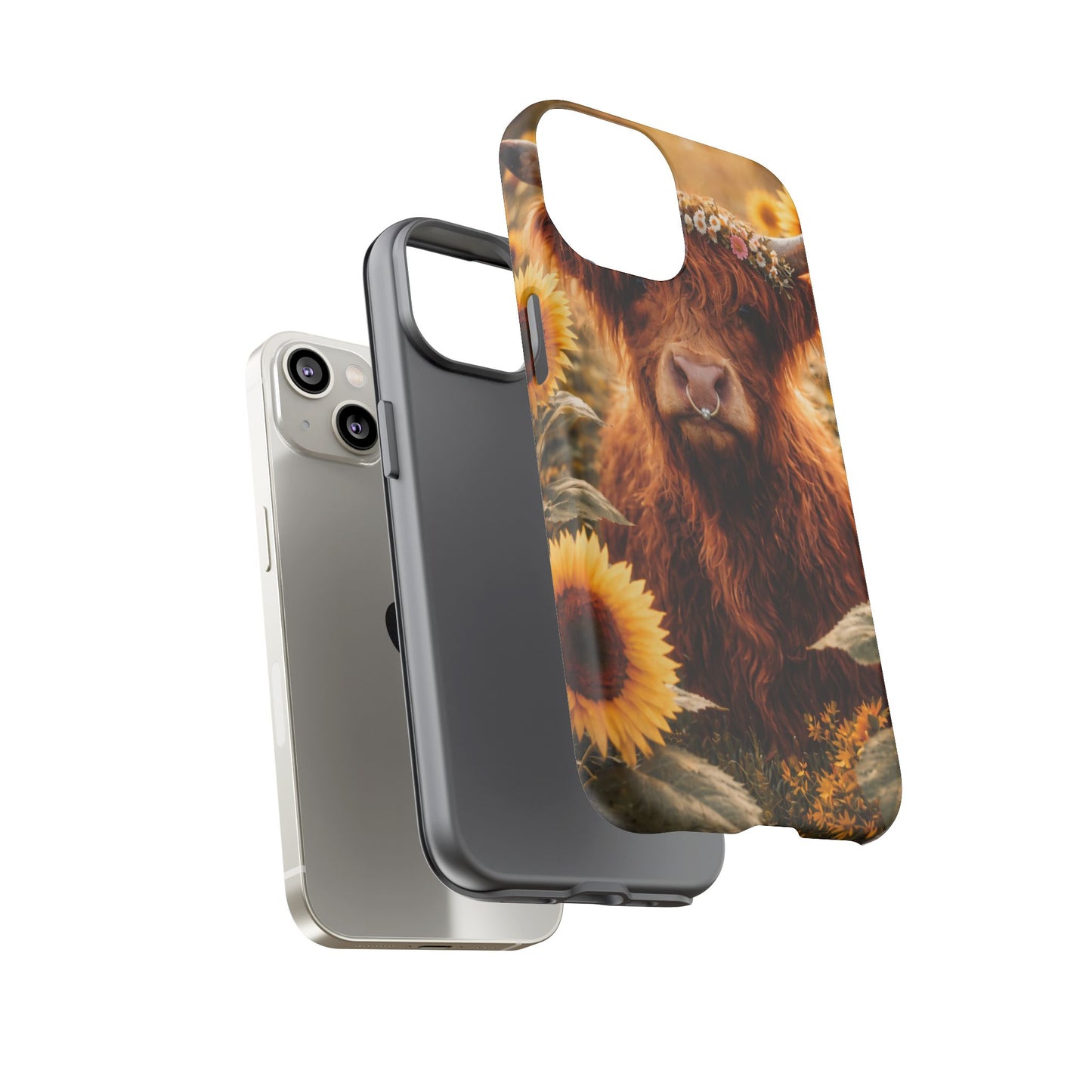 Highland Cow Sunflower Phone Case | Floral Farmhouse iPhone, Samsung Galaxy and Pixel Cover