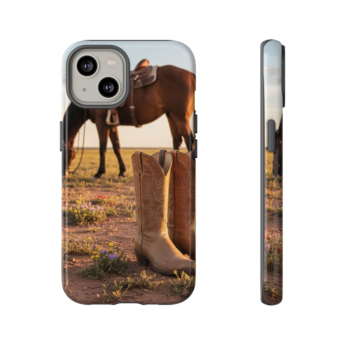 Western Cowboy Boots Phone Case – Rustic Horse Sunset Tough Case (iPhone, Samsung, Pixel)