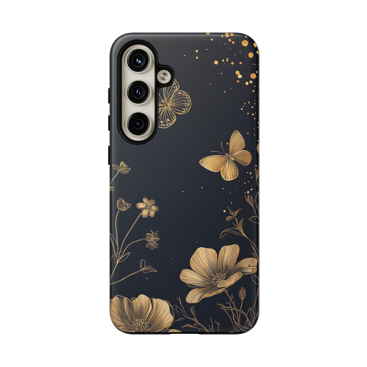 Gold Floral Butterfly Phone Case, Dark Aesthetic Botanical, Elegant Black Luxury iPhone Samsung Cover