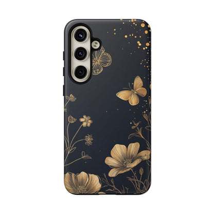 Gold Floral Butterfly Phone Case, Dark Aesthetic Botanical, Elegant Black Luxury iPhone Samsung Cover