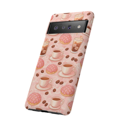 Cute Coffee & Pink Concha Phone Case – Coffee Lover Aesthetic Latte Pattern Tough Case
