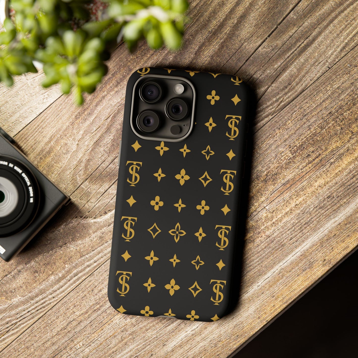 Gold Monogram Pattern Tough Phone Case | Black & Gold Luxury Design for Iphone, Samsung Galaxy and Pixel