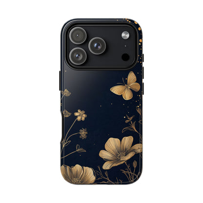 Gold Floral Butterfly Phone Case, Dark Aesthetic Botanical, Elegant Black Luxury iPhone Samsung Cover