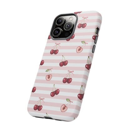 Pink Cherry Stripe Phone Case | Cute Coquette Aesthetic Protective Tough Case