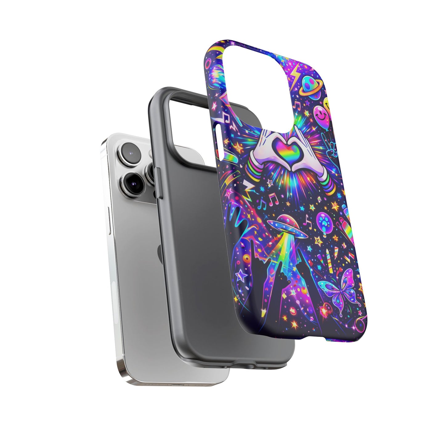 Rainbow Heart Hands Phone Case – Neon Galaxy EDM Festival Tough Cover