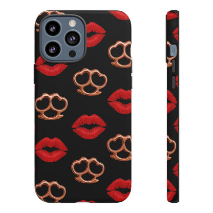 Red Lipstick & Knuckle Duster Phone Case | Bold Kiss Print Tough Protective Cover for Iphone, Samsung Galaxy and Pixel