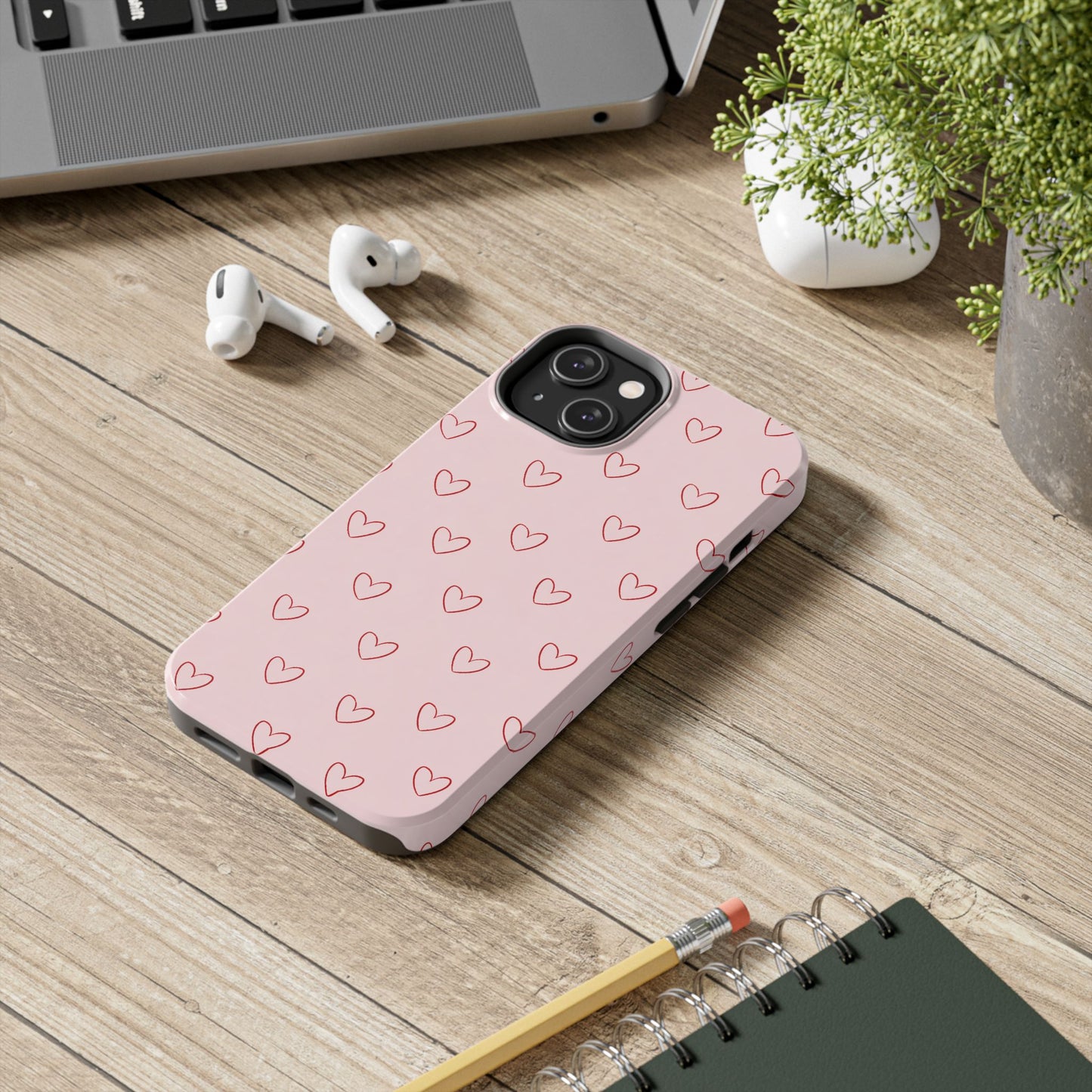 Pink Doodle Hearts Phone Case | Minimal Cute Heart Pattern Tough Case