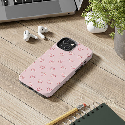 Pink Doodle Hearts Phone Case | Minimal Cute Heart Pattern Tough Case