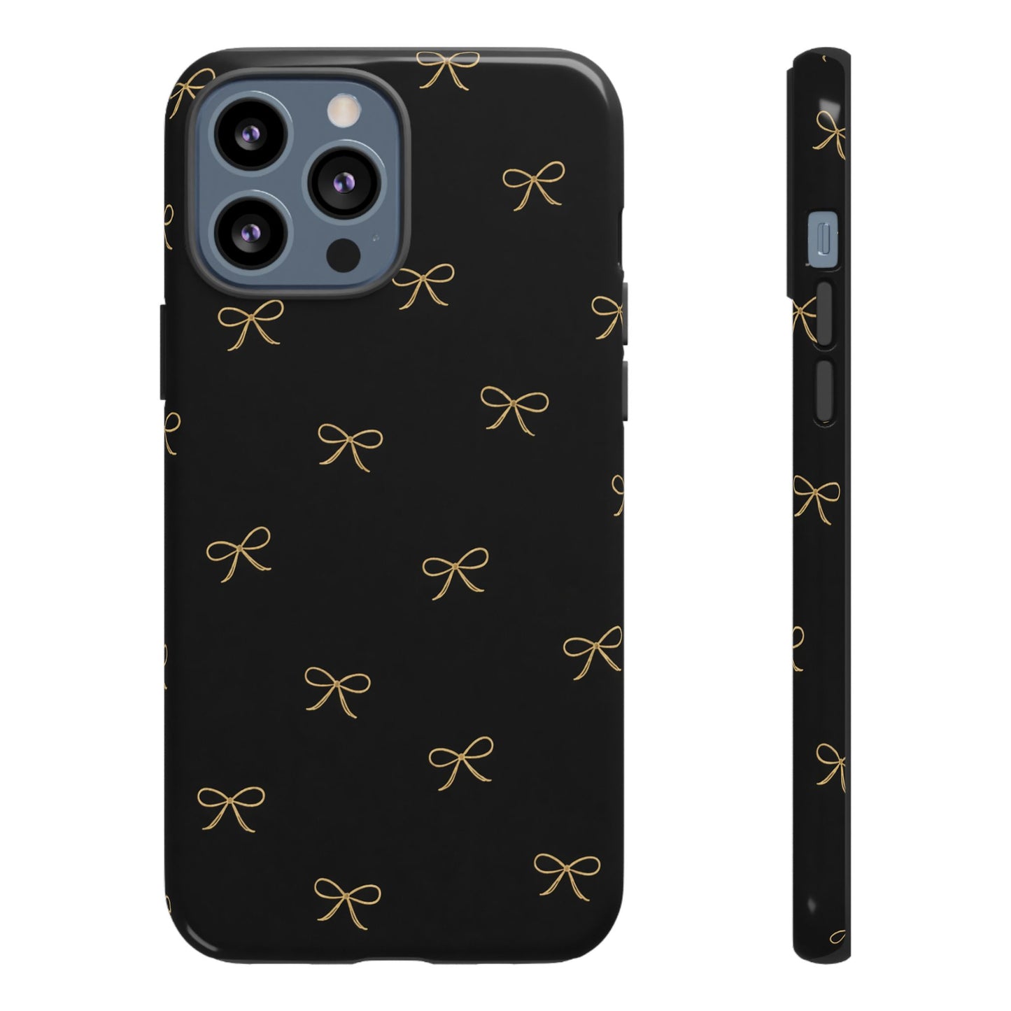 Black Phone Case with Gold Bow Pattern – Slim Protective Cute Aesthetic Cover for Iphone, Samsung Galaxy and Pixel