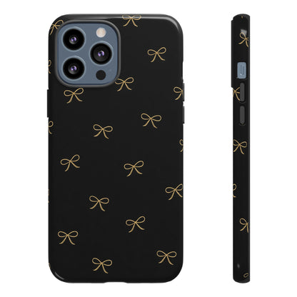 Black Phone Case with Gold Bow Pattern – Slim Protective Cute Aesthetic Cover for Iphone, Samsung Galaxy and Pixel