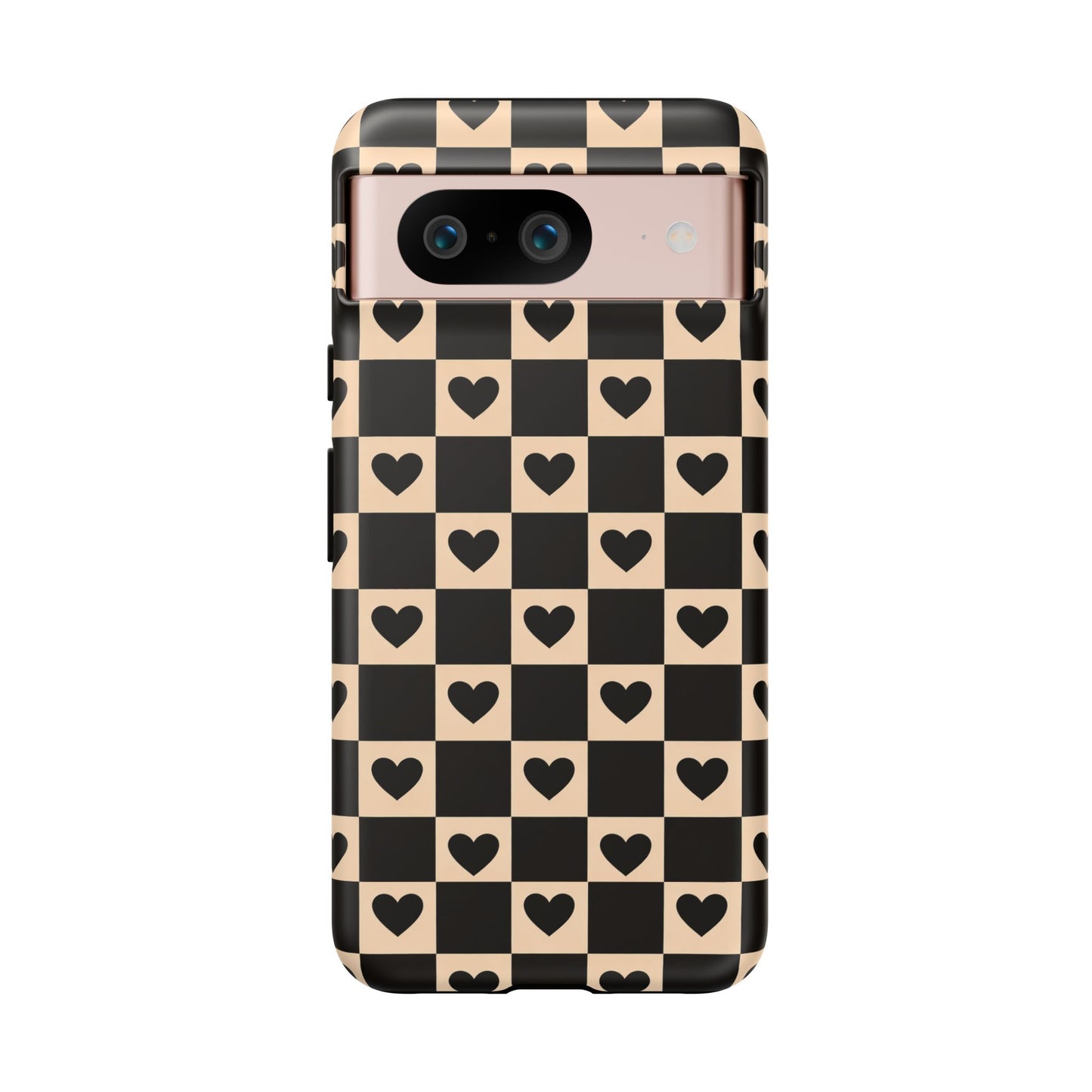 Checkerboard Heart Phone Case – Black & Beige Cute Aesthetic Protective Cover for Iphone, Samsung Galaxy and Pixel