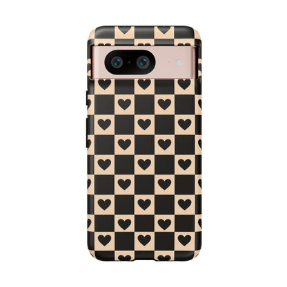 Checkerboard Heart Phone Case – Black & Beige Cute Aesthetic Protective Cover for Iphone, Samsung Galaxy and Pixel