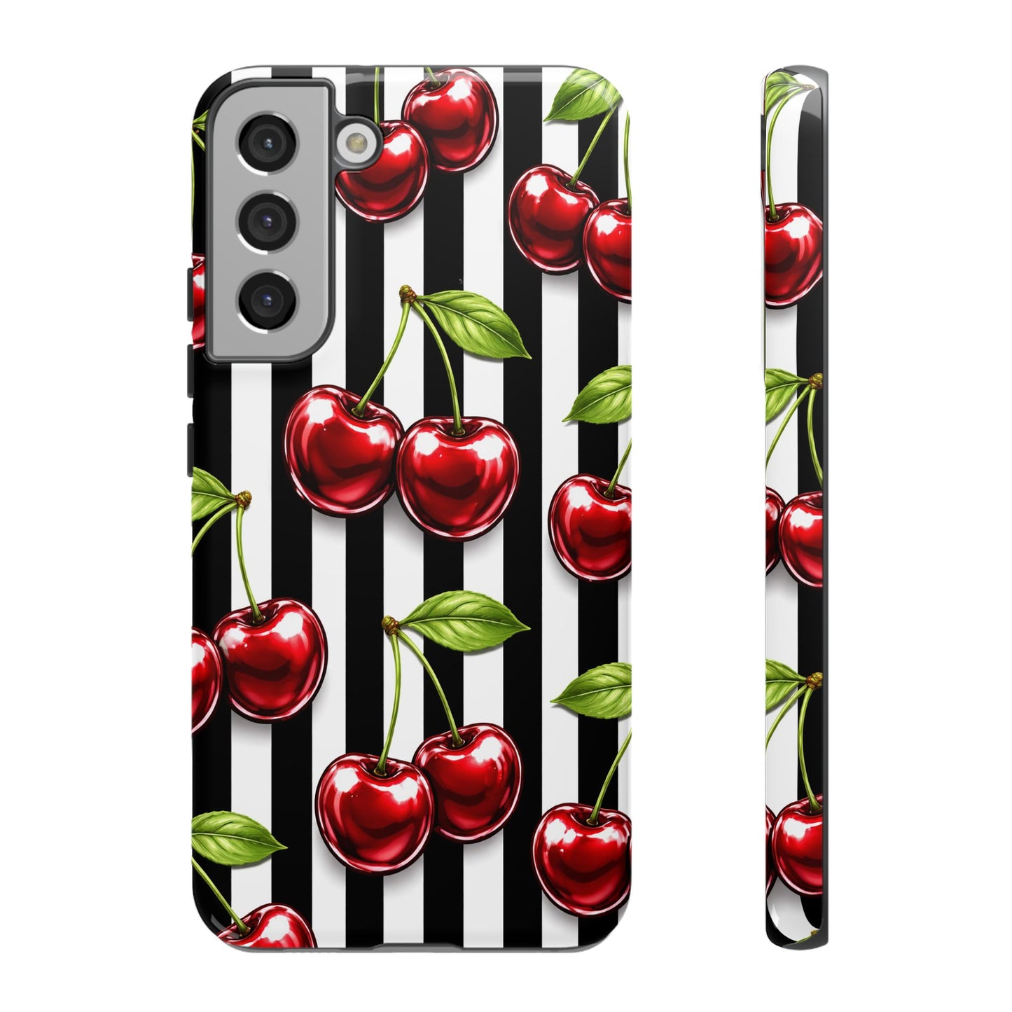 Cherry Pattern Phone Case Black White Stripe Retro Aesthetic Tough Cover