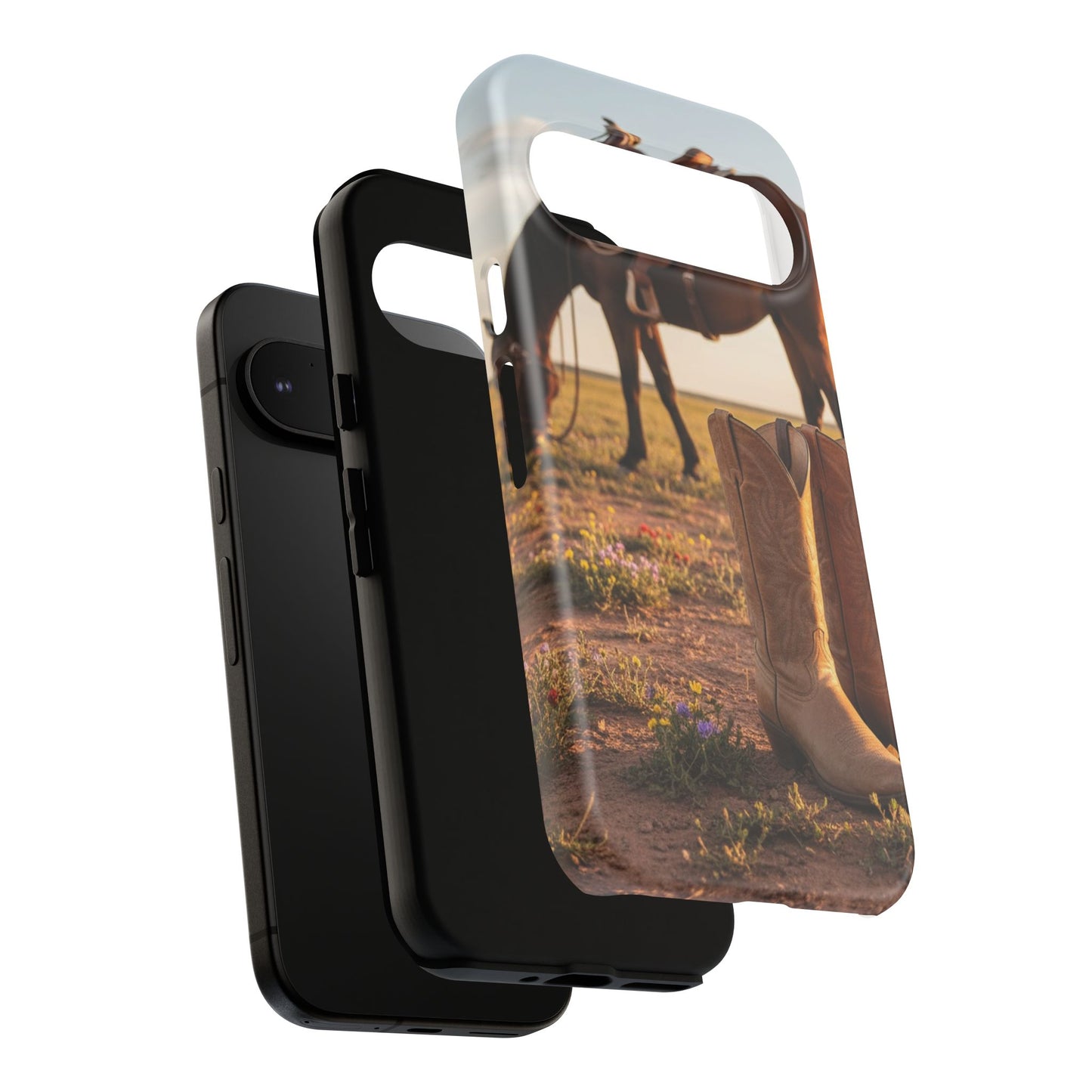 Western Cowboy Boots Phone Case – Rustic Horse Sunset Tough Case (iPhone, Samsung, Pixel)