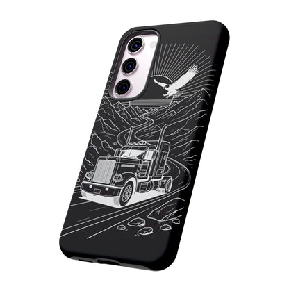 Trucker Highway Phone Case | Eagle & Mountain Line Art | Black Western Tough Case