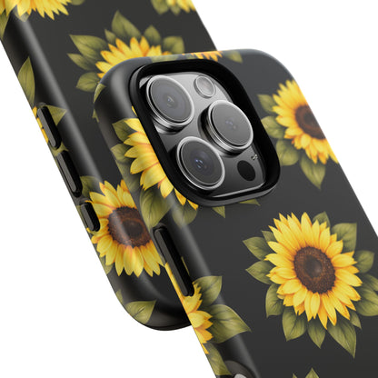 Sunflower Floral Tough Phone Case – Black Background Protective Cover for Iphone, Samsung Galaxy and Pixel