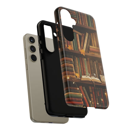 Cozy Vintage Bookshelf Phone Case, Library Aesthetic Book Stack, Autumn Coffee Vibes (iPhone, Samsung, Pixel)