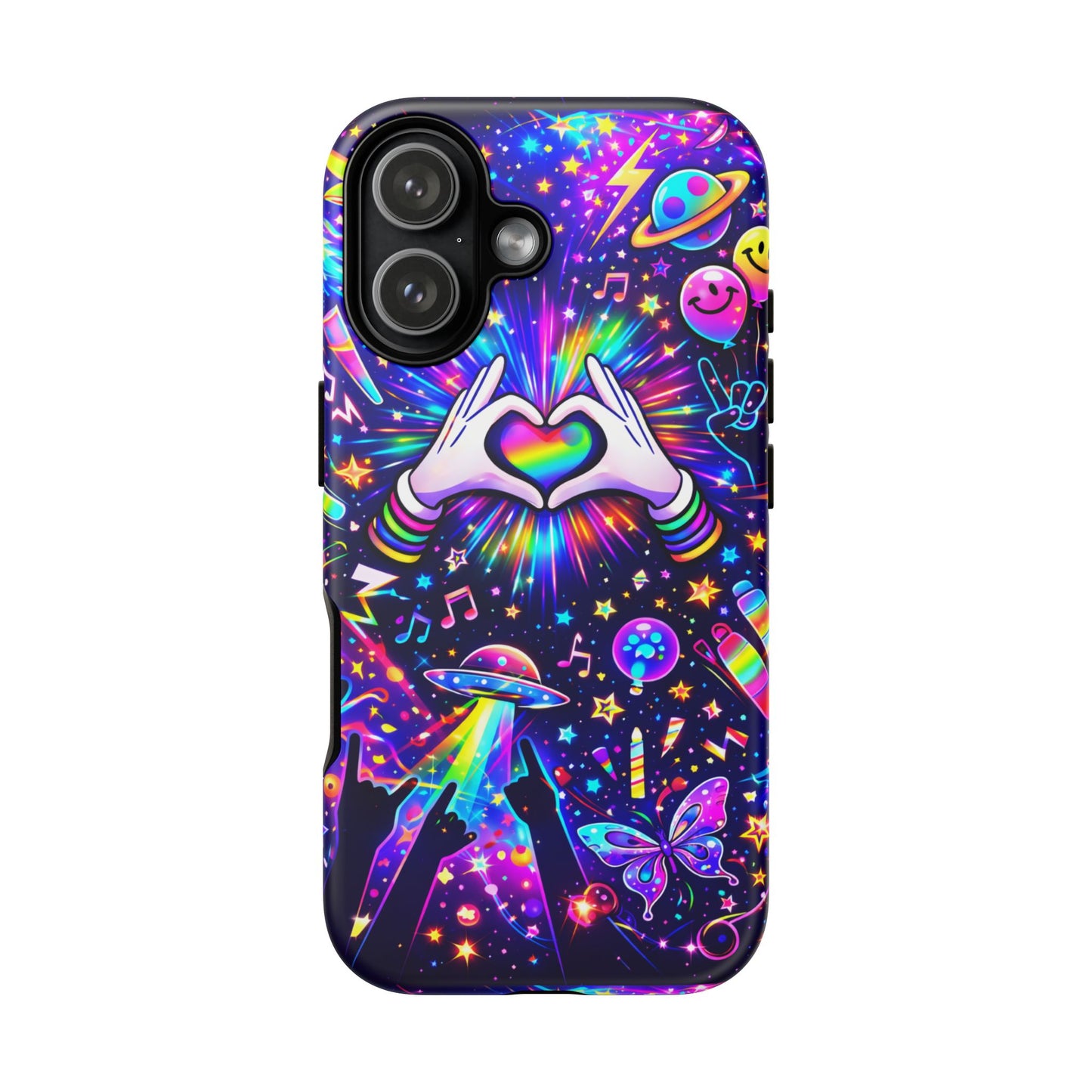 Rainbow Heart Hands Phone Case – Neon Galaxy EDM Festival Tough Cover