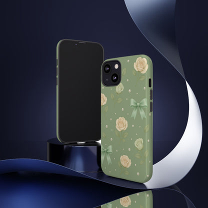 Vintage Rose Bow Phone Case – Sage Green Floral Coquette Aesthetic Tough Case (iPhone, Samsung, Pixel)