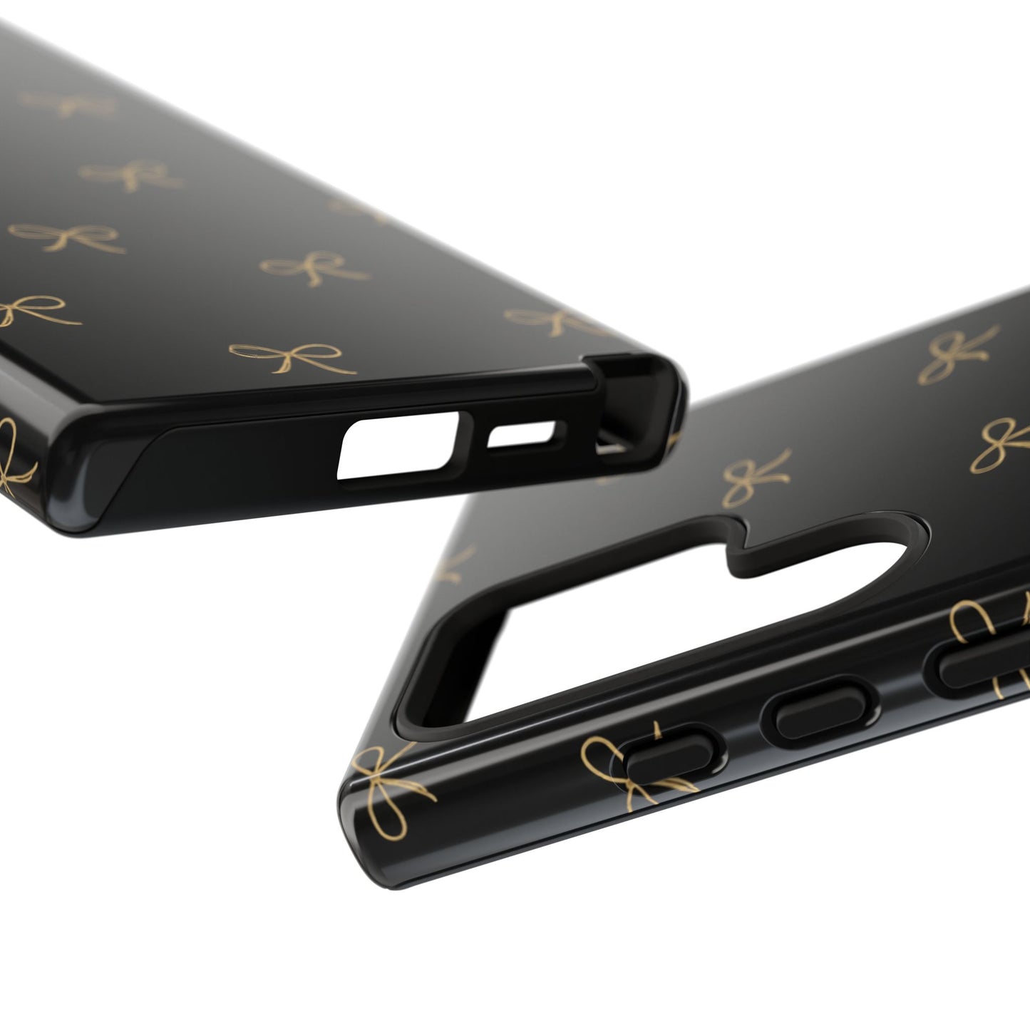 Black Phone Case with Gold Bow Pattern – Slim Protective Cute Aesthetic Cover for Iphone, Samsung Galaxy and Pixel