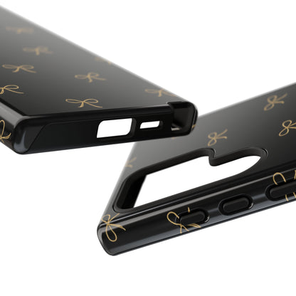 Black Phone Case with Gold Bow Pattern – Slim Protective Cute Aesthetic Cover for Iphone, Samsung Galaxy and Pixel