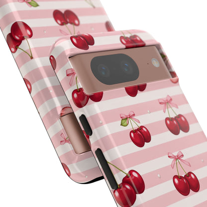 Coquette Cherry Bow Phone Case | Cute Pink Aesthetic Cherry Pattern Tough Case for iPhone & Samsung