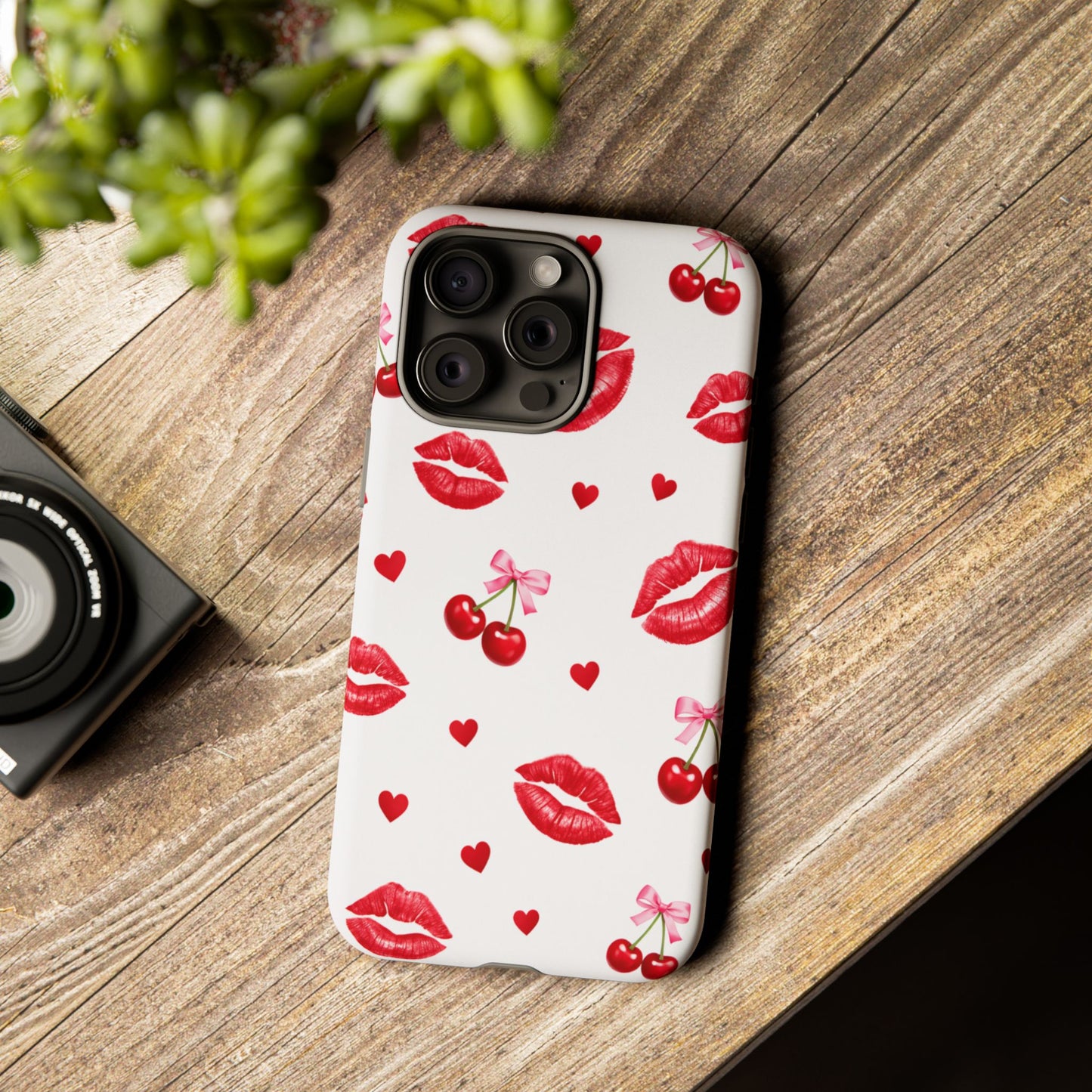 Red Lips & Cherry Phone Case – Y2K Retro Aesthetic Tough Cover