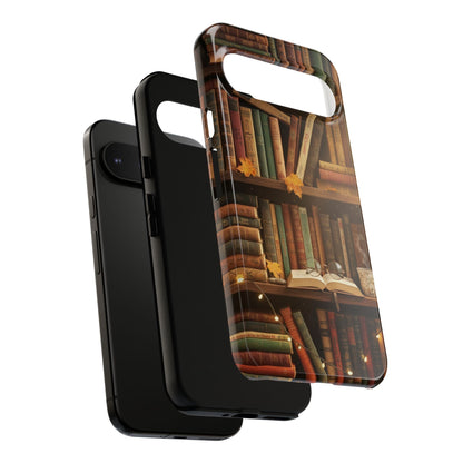 Cozy Vintage Bookshelf Phone Case, Library Aesthetic Book Stack, Autumn Coffee Vibes (iPhone, Samsung, Pixel)