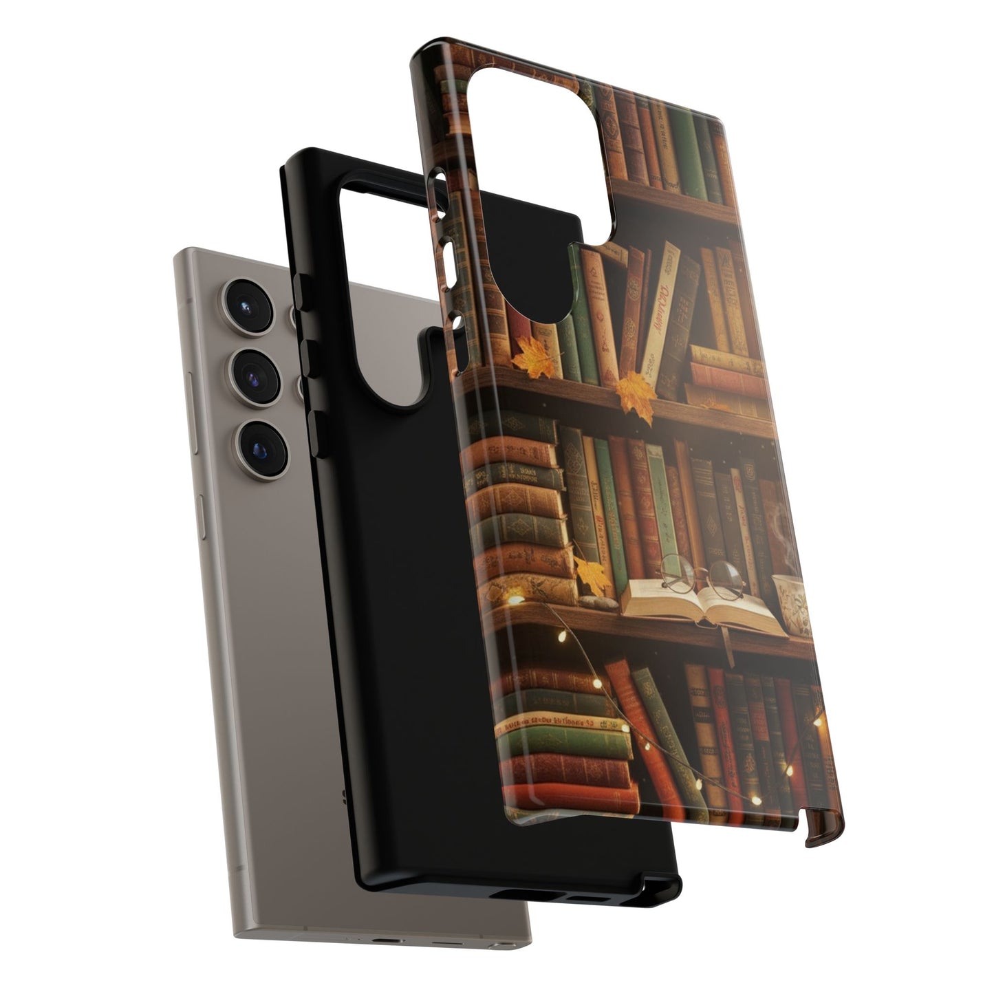 Cozy Vintage Bookshelf Phone Case, Library Aesthetic Book Stack, Autumn Coffee Vibes (iPhone, Samsung, Pixel)
