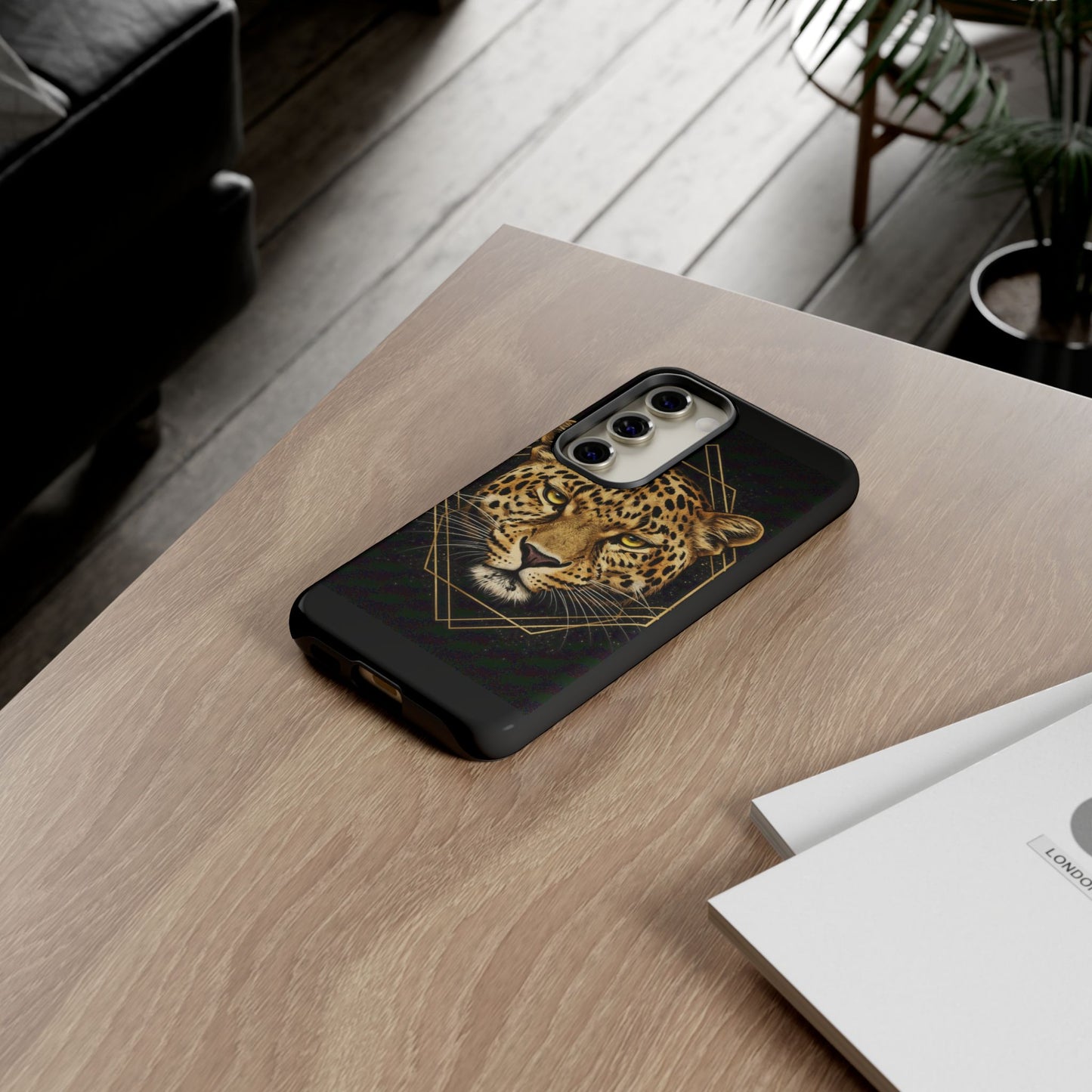 Leopard Head Geometric Phone Case – Black & Gold Luxe Tough Case