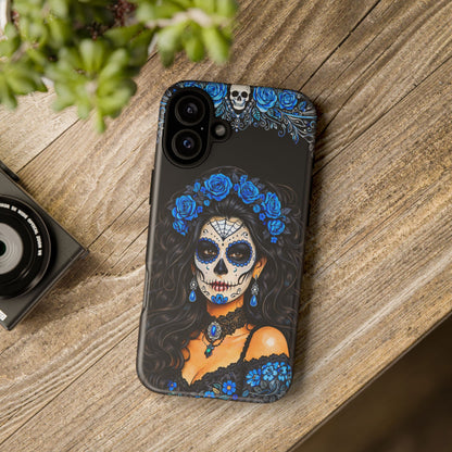 Blue Sugar Skull Woman Phone Case – Day of the Dead Aesthetic Tough Cover