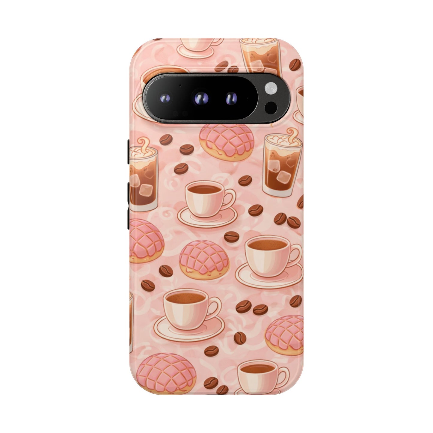 Cute Coffee & Pink Concha Phone Case – Coffee Lover Aesthetic Latte Pattern Tough Case