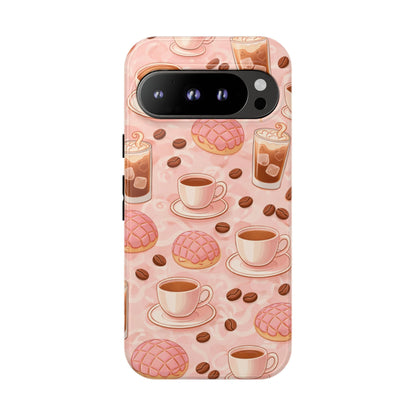 Cute Coffee & Pink Concha Phone Case – Coffee Lover Aesthetic Latte Pattern Tough Case