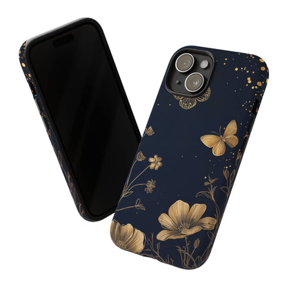 Gold Floral Butterfly Phone Case, Dark Aesthetic Botanical, Elegant Black Luxury iPhone Samsung Cover