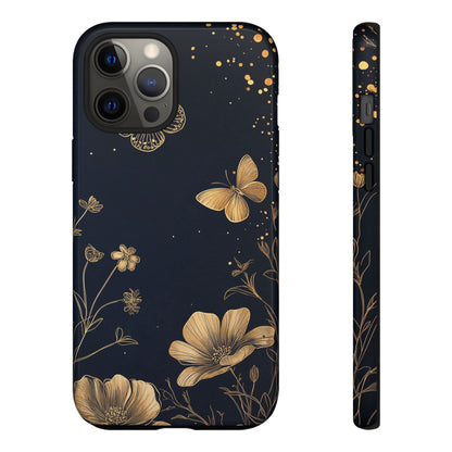 Gold Floral Butterfly Phone Case, Dark Aesthetic Botanical, Elegant Black Luxury iPhone Samsung Cover